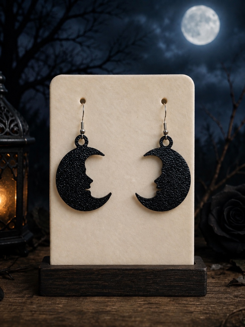 Black Crescent Moon Face Dangle Earrings - Women Jewelry